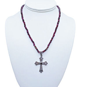 Vintage Sterling Silver 925 Garnet Marcasite Cross Pendant Necklace Stunning 16"